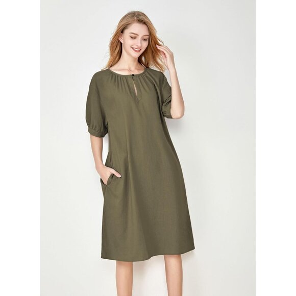Women's Cotton Linen Dress Short Sleeve Midi Casual Plus Size with Pockets - Picture 3 of 3